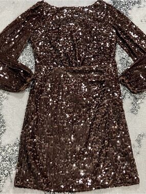 Loft Brown Sequin Long Sleeve Party Cocktail Dress Womens Size 6